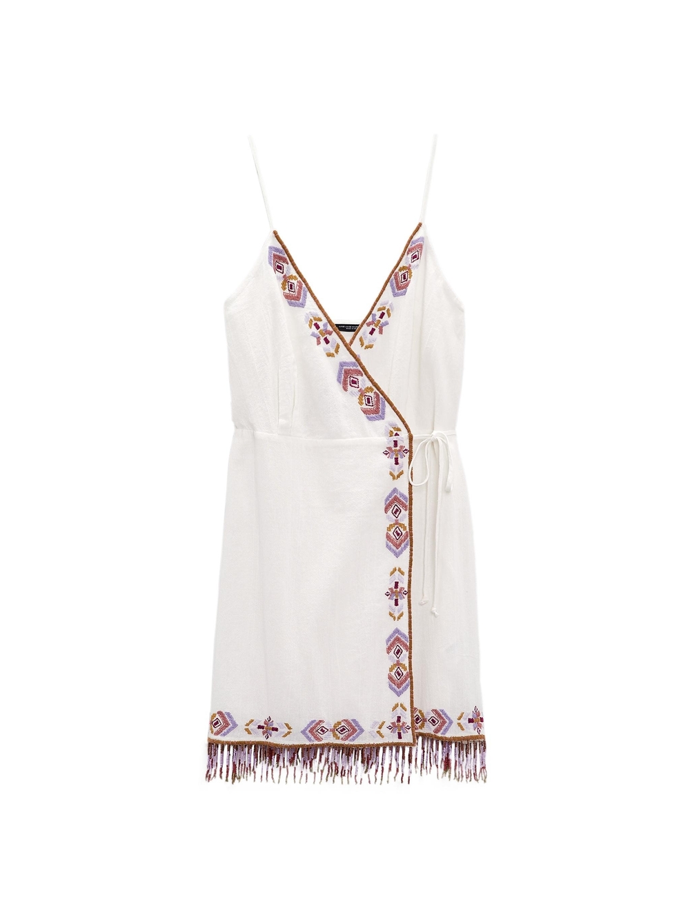 White Embroidered Wrap Dress with Fringe